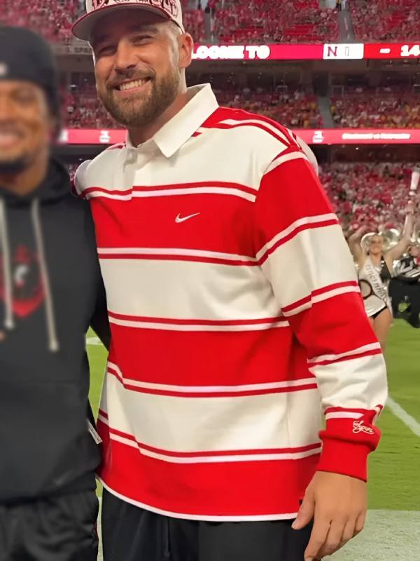 Cincinnati vs Nebraska Game Travis Kelce Red Striped Rugby Shirt USA Jackets