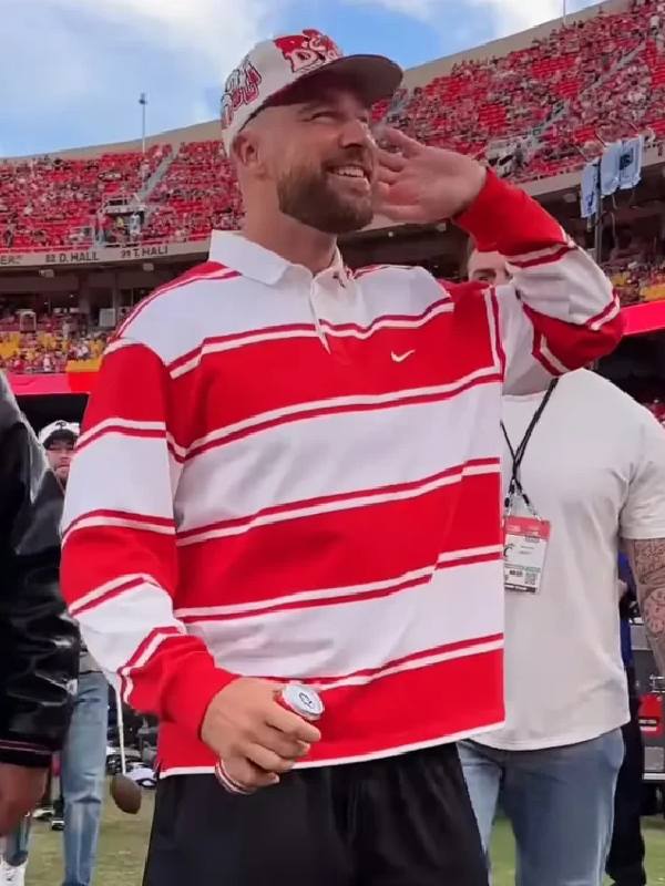 Cincinnati vs Nebraska Game Travis Kelce Red Striped Rugby Shirt USA Jackets